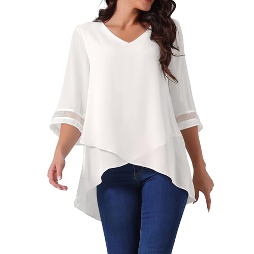 Seta T Damen V-Ausschnitt 3/4-Glockenärmeln Netzstoff Panel High-Low Top Asymmetrisch Unregelmäßiger Saum Lässig Bluse Weiß M von Seta T