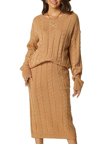 Seta T Damen Zweiteilig Outfit Lässig Rundhalsausschnitt Pullover mit Midirock Set Khaki XL von Seta T