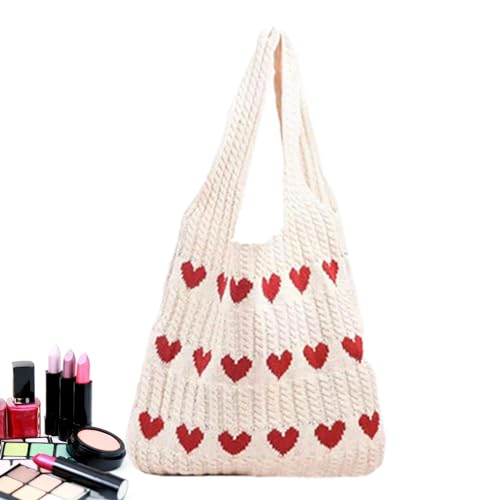 Setauoo Gestrickte Umhängetasche, Strick Tragetasche, Gehäkelte Einkaufstasche Herz Handtasche Hobo Bag, Herzförmige Strandtaschen Handtasche, Shopper Tasche Damen Gewebte von Setauoo