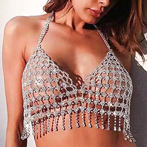 Sethain Boho Kristall Gittergewebe BH-Kette Silber Quaste Kristall Anhänger Brustkette Bikini Körperschmuck für Frauen von Sethain