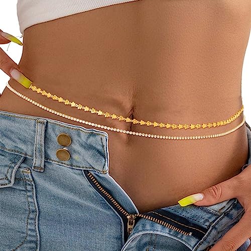 Sethain Boho Kristall-Taillenkette Gold Strass Bauchketten Geschichtet Sommer-Strandketten Bikini-Kette Körperschmuck für Frauen Mädchen (L, Gold-A) von Sethain