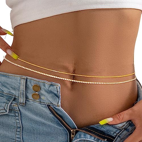 Sethain Boho Kristall-Taillenkette Gold Strass Bauchketten Geschichtet Sommer-Strandketten Bikini-Kette Körperschmuck für Frauen Mädchen (L, Gold-C) von Sethain