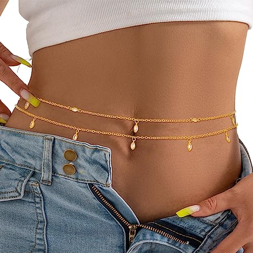 Sethain Boho Kristall-Taillenkette Gold Strass Bauchketten Geschichtet Sommer-Strandketten Bikini-Kette Körperschmuck für Frauen Mädchen (L, Gold-F) von Sethain