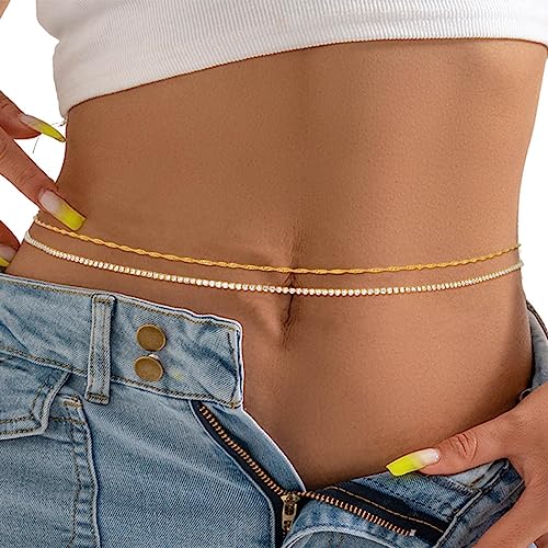 Sethain Boho Kristall-Taillenkette Gold Strass Bauchketten Geschichtet Sommer-Strandketten Bikini-Kette Körperschmuck für Frauen Mädchen (M, Gold-B) von Sethain