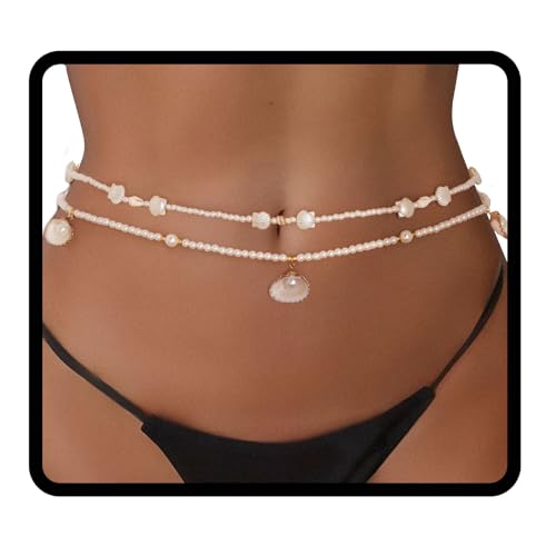 Sethain Boho Perle Taillenkette Muschel Sommerstrand Bauchkette Mehrlagig Körperketten Bikinischmuck für Damen (Hülse-1) von Sethain