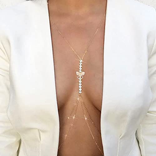 Sethain Boho Strass Brustkette Gold Kristall Schmetterling BH-Ketten Geschichtet Hüftkette Bikini-Kette Körperschmuck für Frauen und Mädchen von Sethain