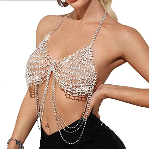 Sethain Boho Strass Gittergewebe BH-Kette Silber Geschichtet Kristall Brustkette Quaste Bikini Körperschmuck für Frauen von Sethain