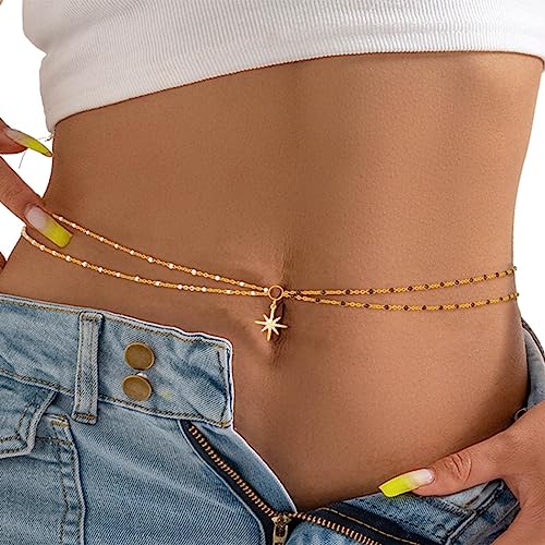 Sethain Boho Strass-Taillenkette Gold Kristall Anhänger Bauchketten Geschichtet Funkelnd Taillenketten Stern Sommerstrandkette für Frauen (M, Gold-F) von Sethain