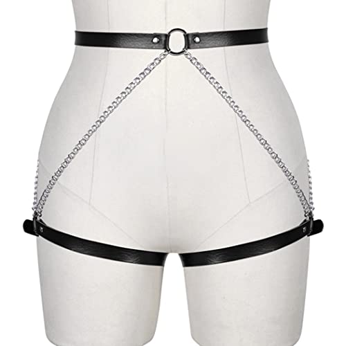 Sethain Punk Leder Taille Kette Schwarz Metall Schenkel Kette Einstellbar Bauch Gürtel Riemchen Bein Kette für Frauen von Sethain