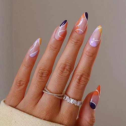 Sethexy Abstrakt Mandelform Falsche Nägel Französisch Press on Nails Swirl Fingernägel 24St Acryl Nägel zum Aufkleben für Frauen und Mädchen von Sethexy