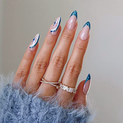 Sethexy Abstrakt Mandelform Falsche Nägel Französisch Press on Nails Swirl Fingernägel 24St Acryl Nägel zum Aufkleben für Frauen und Mädchen von Sethexy