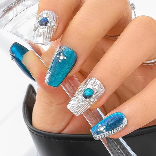 Sethexy Blau Handgemacht Press On Nägel Medium Sarg Acryl Falsche Nägel mit Design Silber Glitzer Falsche Nägel Glänzend Salon Nägel für Frauen und Mädchen 10PCS (Blau3) von Sethexy