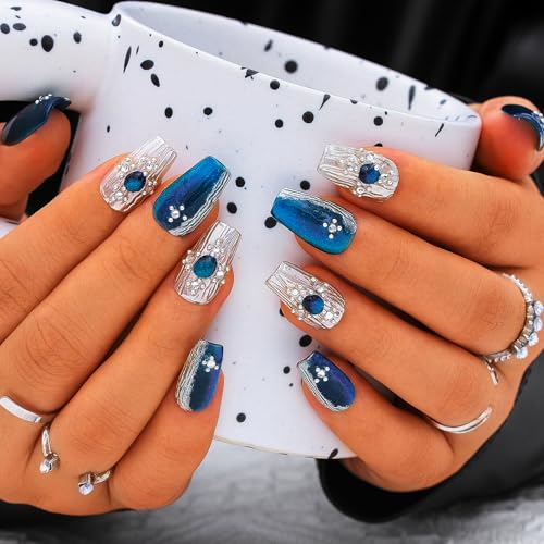 Sethexy Blau Handgemacht Press On Nägels Medium Sarg Acryl Falsche Nägel mit Design Silber Glitzer Falsche Nägels Glänzend Salon Nägel für Frauen und Mädchen 10PCS (Blau3) von Sethexy