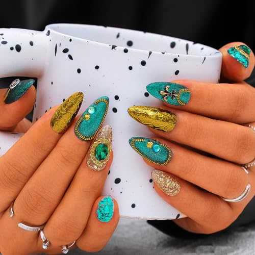 Sethexy Blau Lange Mandel Handgemacht Falsche Nägels Luxus Glitzer Nägel zum Aufdrücken mit Design Acryl Glänzend Falsche Nägels für Frauen und Mädchen 10PCS (Blau1) von Sethexy