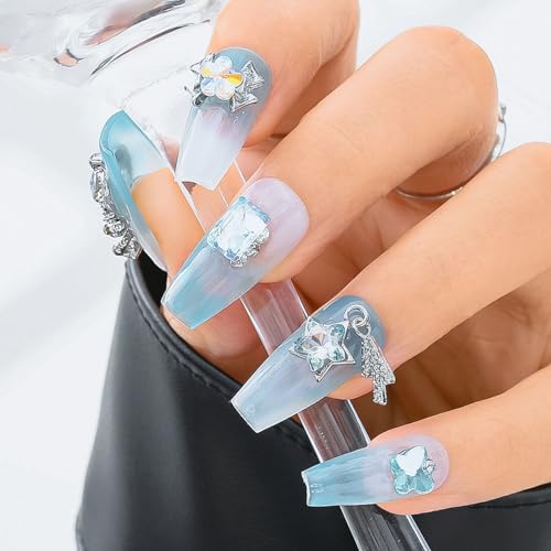 Sethexy Blau Strassstein Handgefertigt Nägel aufdrücken 3D-Kristall Medium Sarg Falsche Nägel Metallisch Acryl Falsche Nägel Glänzend für Frauen und Mädchen 10PCS (2) von Sethexy