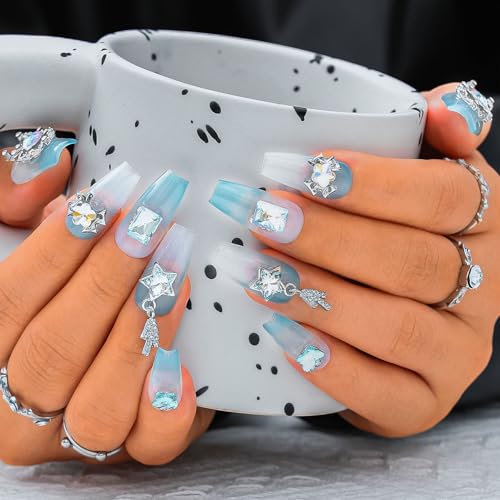Sethexy Blau Strassstein Handgefertigt Nägel aufdrücken 3D-Kristall Medium Sarg Falsche Nägel Metallisch Acryl Falsche Nägel Glänzend für Frauen und Mädchen 10PCS (2) von Sethexy
