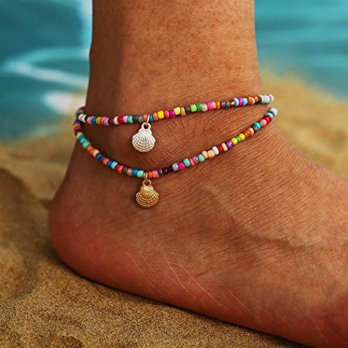 Sethexy Boho Jakobsmuschel Fußkettchen Armbänder Bunte Perlen Fußkette Gold- und Silberschalenanhänger Sommer Sandstrand Fußschmuck für Frauen und Mädchen （2Pcs） von Sethexy