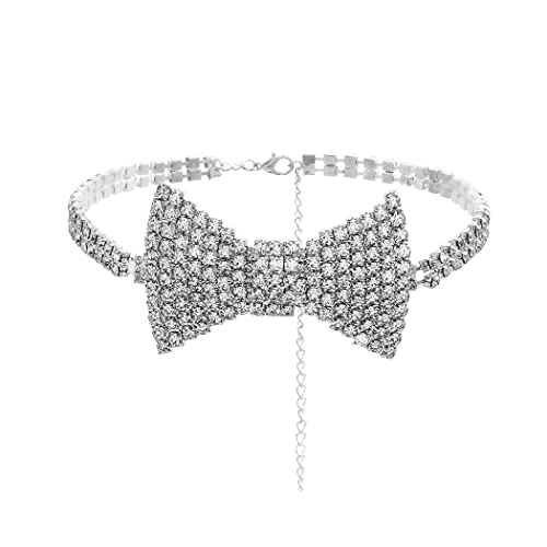 Sethexy Funkelnd Strass Kropfband Glitzer Schleife Halskette Schleifenknoten Tennis Kette Party Nachtclub Hochzeit Kostüm Schmuck für Frauen und Mädchen (Silver) von Sethexy