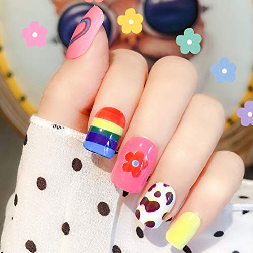 Sethexy Bunt Falsche Fingernägel Regenbogen Blume Herz Süß Mittel Vollständige Abdeckung Acryl 24 Stück Nagelspitzen für Frauen und Mädchen von Sethexy