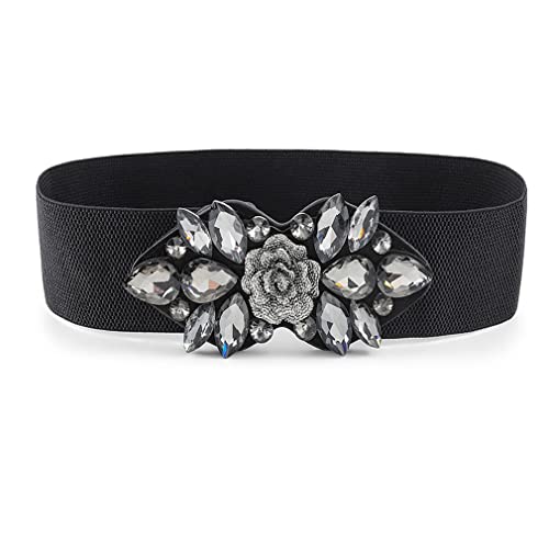 Sethexy Damen Schwarzer Stretchgürtel Damen Strass Breite Gürtel mit Blumen Kristall Hüftgurt Cinch-Gürtel für Kleid von Sethexy