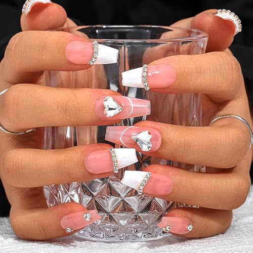 Sethexy Französisch Langer Sarg Rosa Falsche NägelsHandgefertigt Strass Falsche Nägel 3D-Kristall-Liebesherz Glänzend Nägels zum Aufdrücken Acryl Funkelnd Nägel zum Aufkleben für Frauen und Mädchen von Sethexy