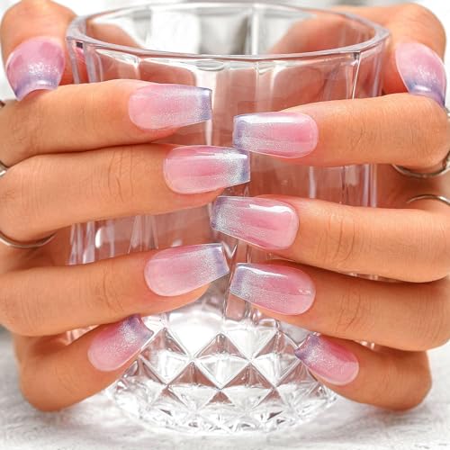 Sethexy Französisch Lila Handgemacht Fake-Nagel Glitzer Katzenauge Medium Sarg Falsche Nägel Nackt Farbverlauf Glänzend Aufdrückbare Nägel Salonhaltbare Qualitätsnägel für Frauen und Mädchen(R) von Sethexy