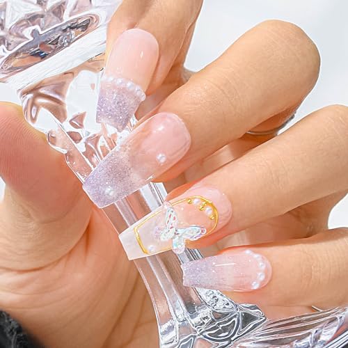 Sethexy Französisch Rosa Handgefertigt Falsche Nägel 3D Schmetterling Langer Sarg Falsche Nägel Perle Glitzer Falsche Nägel Salon Qualität Glänzend Press on Nail für Frauen und Mädchen (K) von Sethexy