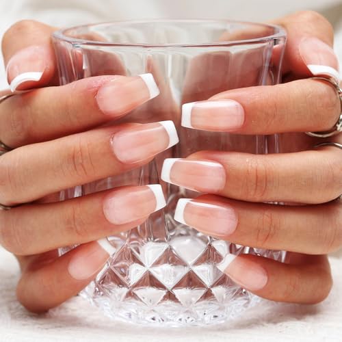 Sethexy Französisch Rosa Handgemachte Falsche Nägel Weiß Mittel Sarg Falsche Nägel Farbverlauf Natürlich Glänzend Presse auf Nägel Salon Dauerhafte Qualität Nägel für Frauen und Mädchen (A) von Sethexy
