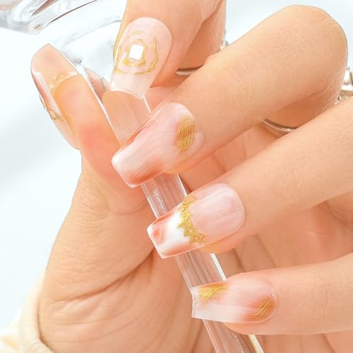 Sethexy Geblasen Französisch Press On Nägel Kurzer Sarg Acryl Falsche Nägel Handgefertigt Glanz Glänzend Falsche Nägel Salon Aufgeklebte Nägel für Frauen und Mädchen 10PCS (8) von Sethexy