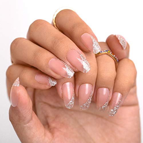 Sethexy Glänzend Ballerina Falscher Nagel Meidum Funkeln Bling Sarg Rosa Falsche Fingernägel 24St Französisch Acryl Kunst Drücken Sie auf Nagelspitzen für Frauen und Mädchen von Sethexy