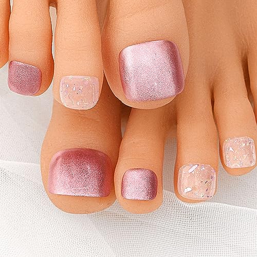 Sethexy Glänzend Quadratisch Kurz Falsche Zehennägel Handgefertigt Rosa Glitzer Falsche Zehennägel Pailletten Acryl Zehennägel zum Aufdrücken Vollständig Abdeckung Abnehmbar für Frauen und Mädchen von Sethexy