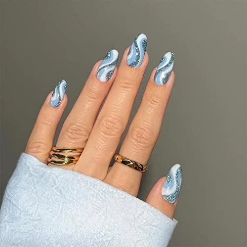 Sethexy Glitter Sparkle Mandel Falsche Nägel Swirl Press on Nails Abstrakte Falsche Nägels 24Pcs Acryl Stick auf Nägel für Frauen und Mädchen von Sethexy