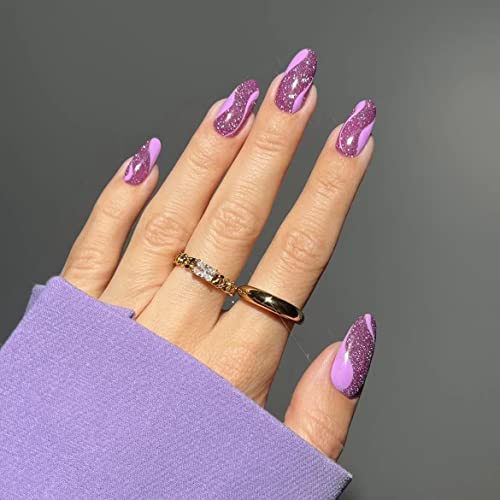 Sethexy Glitter Sparkle Mandel Falsche Nägel Swirl Press on Nails Abstrakte Falsche Nägel 24Pcs Acryl Stick auf Nägel für Frauen und Mädchen von Sethexy