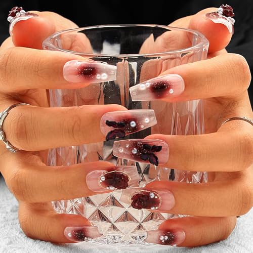 Sethexy Glitzer Schmetterling Handgemacht Fake-Nagel 3D Blumen Kristalle Langer Sarg Falsche Nägel Erröten Perle Falsche Nägel Salon Qualität für Frauen und Mädchen (G) von Sethexy