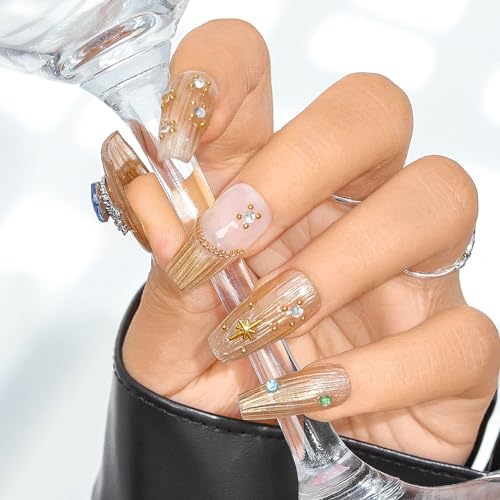 Sethexy Gold Lange Ballerina Press On Nägel Strass Glitzer Handgefertigt Falsche Nägels Handbemalt Glänzend Falsche Nägel Acryl Luxus Salon Qualität für Frauen und Mädchen 20PCS (G) von Sethexy