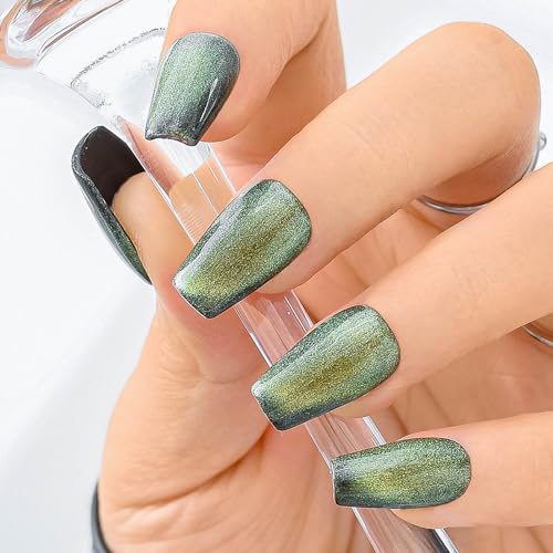 Sethexy Grün Katzenauge Press On Nägel Acryl Kurzer Sarg Falsche Nägel Glänzend Salon Handgemacht Falsche Nägel für Frauen und Mädchen 10PCS (11) von Sethexy