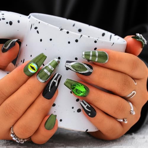 Sethexy Grün Langer Sarg Falsche Nägel Punk Strass Falsche Nägel mit Design Acryl Salon Glänzend Nägel zum Aufdrücken für Frauen und Mädchen 10PCS (Grün2) von Sethexy