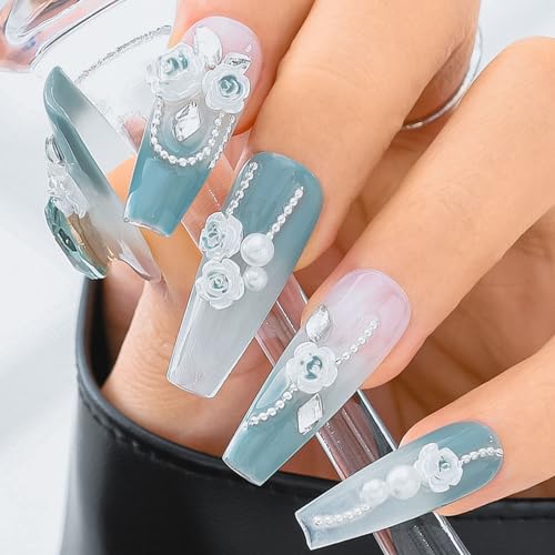 Sethexy Grün Strassstein Nägel aufdrücken Handgemachte 3D-Perle Blume Falsche Nägel Acryl Glänzend Falsche Nägel Salon Aufgeklebte Nägel für Frauen und Mädchen 10PCS (12) von Sethexy