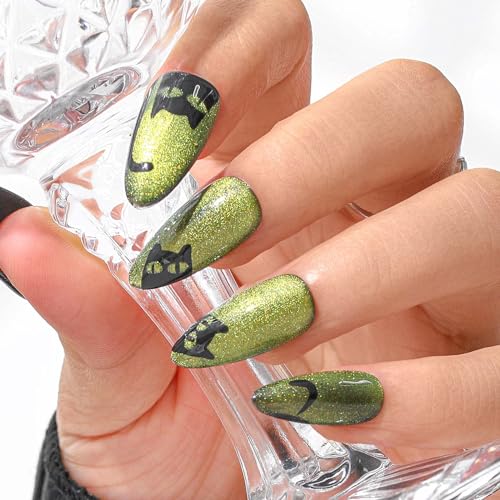 Sethexy Halloween Grün Mittlere Mandel Künstlicher Nagel Katzenauge Funkeln Handgefertigt Falsche Nägel Acryl Glänzend Punk Drücken Sie auf den Nagel Salonqualität für Frauen und Mädchen (4) von Sethexy