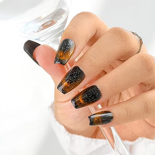 Sethexy Handgefertigt Schwarz Katzenauge Gradient Falsche Nägel Funkeln Französisch Mittellang Drücken Sie auf Nägel Funkeln Glänzend Acryl Falsche Fingernägel abnehmbar für Frauen und Mädchen von Sethexy