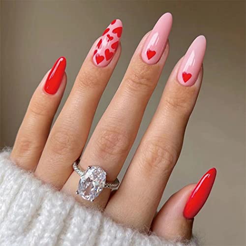 Sethexy Valentine Mandel Falsche Nägel Liebe Herz Press on Nails Rosa Falsche Nägel 24Pcs Acryl Kunst Press auf Nägel für Frauen und Mädchen von Sethexy