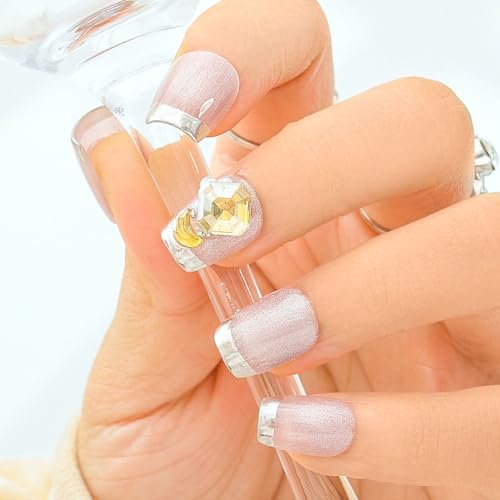 Sethexy Katzenauge Handgemacht Nägel aufdrücken Kurzer Sarg Falsche Nägel Unhöflich Acryl Falsche Nägel Strassstein Glänzend Stick On Nail für Frauen und Mädchen 10PCS (5) von Sethexy