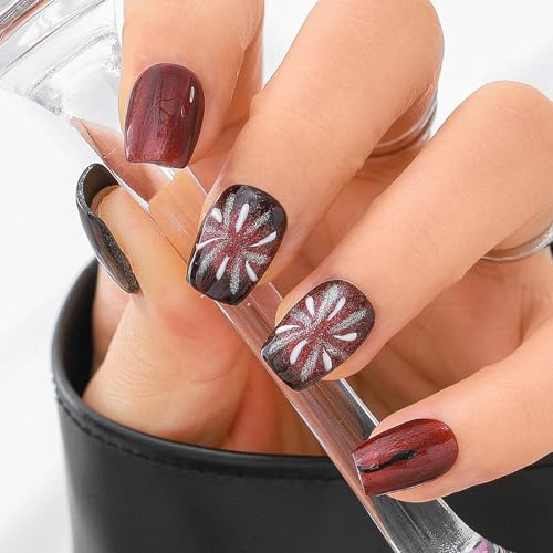 Sethexy Katzenauge Handmad Nägel zum Aufdrücken Kurzer Sarg Rot Falsche Nägel Glänzend Acryl Falsche Nägel mit Design Salon Nagel für Frauen und Mädchen 10PCS (Rot) von Sethexy