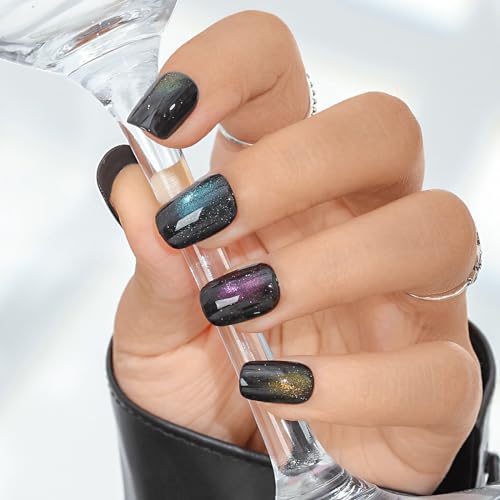 Sethexy Katzenauge Nägel zum Aufdrücken Handgefertigt Kurz quadratisch Glänzend Falsche Nägel Acryl Bunt Falsche Nägel Salon Qualität für Frauen und Mädchen 20PCS (I) von Sethexy