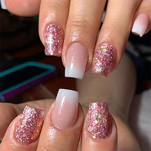 Sethexy Künstliche Nägel Viereckig Kurz Pastell Farbverlauf Fingernägel Glitzer Falsche Nägels Glänzend Kunstnägel 24Stück Acryl Nägel zum Aufkleben für Frauen und Mädchen von Sethexy