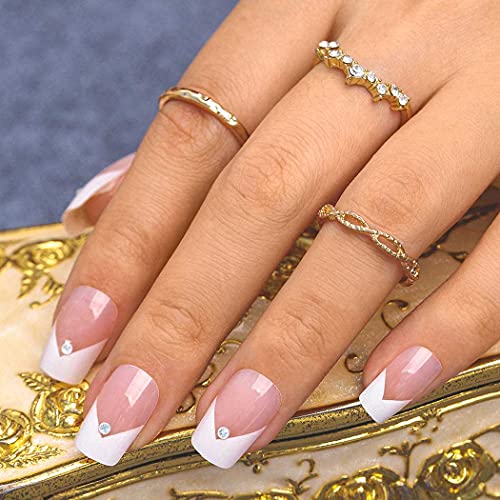 Sethexy Kurz Quadrat Falsche Fingernägel Französisch Ballerina Strass Falsche Nägel Glänzend Nägel aufkleben 24St Acryl Kunst Drücken Sie auf Nagelspitzen für Frauen und Mädchen von Sethexy