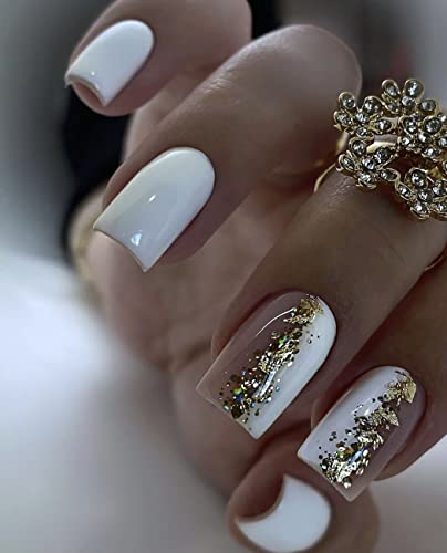 Sethexy Kurz Quadratisch Nägel zum Aufkleben Weiß-Rosa-Kombination Press on Nails Chrom Glänzend Kunstnägel Hochzeit 24Stück Acryl Fake Nails für Frauen und Mädchen von Sethexy