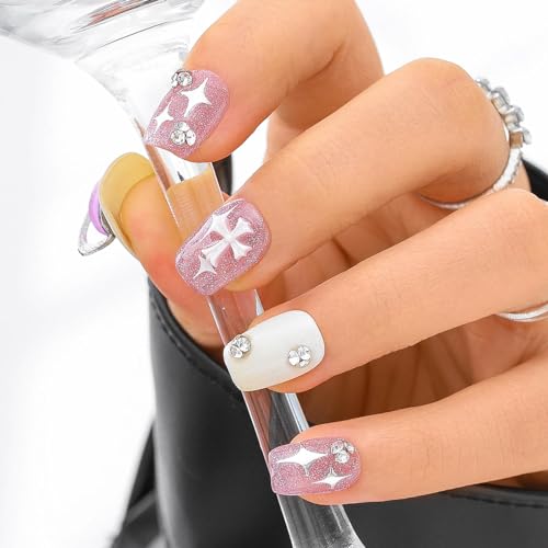 Sethexy Kurzer Sarg Handgefertigt Nägel zum Aufdrücken Rosa Acryl Falsche Nägel Glänzend Katzenauge Falsche Nägel mit Design Salon Nägel für Frauen und Mädchen 10PCS (Rosa7) von Sethexy