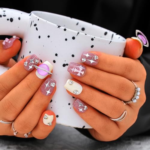Sethexy Kurzer Sarg Handgefertigt Nägel zum Aufdrücken Rosa Acryl Falsche Nägel Glänzend Katzenauge Falsche Nägel mit Design Salon Nägel für Frauen und Mädchen 10PCS (Rosa7) von Sethexy