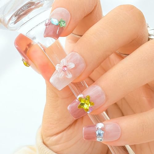 Sethexy Kurzer Sarg Handgefertigt Press On Nägel Französisch Rosa Spitze Falsche Nägel 3D Strassstein Acryl Falsche Nägel Glänzend Salon Nagel aufkleben für Frauen und Mädchen 10PCS (1) von Sethexy